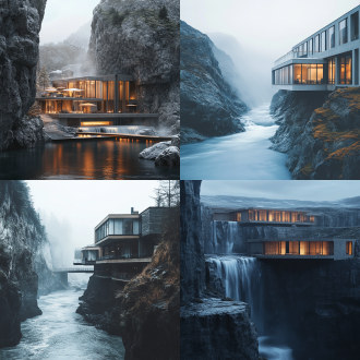 高山流水，岩壁酒店，野奢度假场景，极简东方美学，对称构图，低饱和度，长焦镜头，顶光，宁静，诱人。