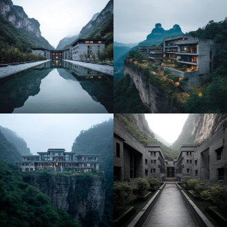 贵州黔西南万峰林，岩壁酒店，野奢度假场景，新中式极简美学，对称构图，低饱和度，长焦镜头，顶光，宁静，诱人。