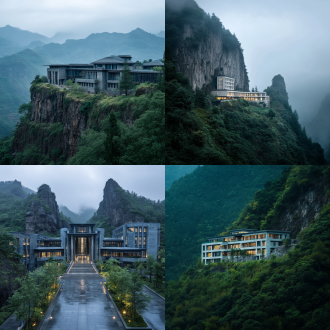 贵州黔西南万峰林，岩壁酒店，野奢度假场景，新中式极简美学，对称构图，低饱和度，长焦镜头，顶光，宁静，诱人。