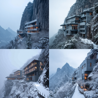 贵州黔西南万峰林，岩壁酒店，野奢度假场景，新中式极简美学，冬日雪景，三点透视构图，低饱和度，长焦镜头，顶光，宁静，诱人。