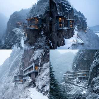 贵州黔西南万峰林，岩壁酒店，野奢度假场景，新中式极简美学，冬日雪景，三点透视构图，低饱和度，长焦镜头，顶光，宁静，诱人。