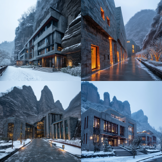 贵州黔西南万峰林岩壁酒店野奢度假，冬日雪景，新中式极简，三点透视，低饱和度，长焦顶光，宁静诱人。