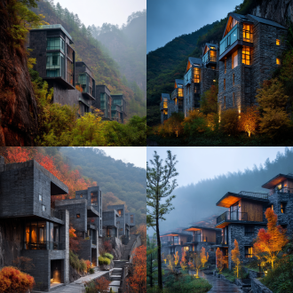 贵州黔西南万峰林岩壁酒店野奢度假，新中式极简，秋天枯黄森系，三点透视，低饱和度，长焦顶光，宁静诱人。