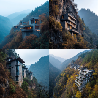 贵州黔西南万峰林，岩壁酒店，野奢度假场景，新中式极简美学，秋天枯黄森系环境，三点透视构图，低饱和度，长焦镜头，顶光，宁静，诱人。