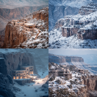 荒漠，岩壁酒店，野奢度假场景，极简东方美学，冬日雪景，三点透视构图，低饱和度，长焦镜头，顶光，宁静，诱人。