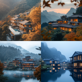 贵州喀斯特地貌秋景中野奢度假酒店群，三点透视构图，低饱和度，长焦镜头，顶光，极简东方美学，宁静诱人。