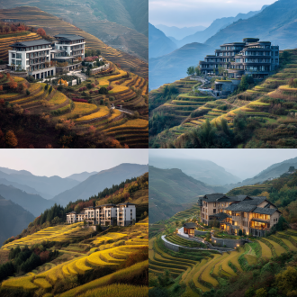 贵州黔东南秋梯田与野奢酒店群，三点透视构图，低饱和度色彩，长焦顶光，极简东方风，画面宁静诱人。