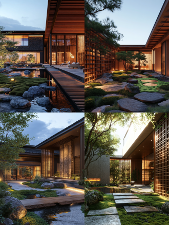 荒漠野奢度假现代中式庭院，枯山水与黑松、碳化木格栅与夯土墙对比，苔藓绿植群落，悬浮步道，月光照明，低饱和度，8k超写实。