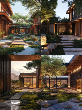 荒漠野奢度假现代中式庭院，枯山水与黑松、碳化木格栅与夯土墙对比，苔藓绿植群落，悬浮步道，月光照明，低饱和度，8k超写实。