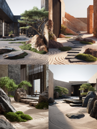 荒漠地貌、野奢度假极简现代中式庭院，枯山水抽象沙纹与几何黑松组合，碳化木格栅与夯土墙材质对比，阶梯式苔藓绿植群落，侘寂美学，低饱和度自然色调，野奢度假酒店场景，8k超写实渲染