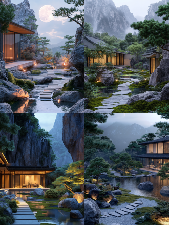 极高山俯瞰现代中式庭院，对角线构图，枯山水、黑松等对比，苔藓绿植，步道穿水池，月光照明，低饱和色，8k超写实。