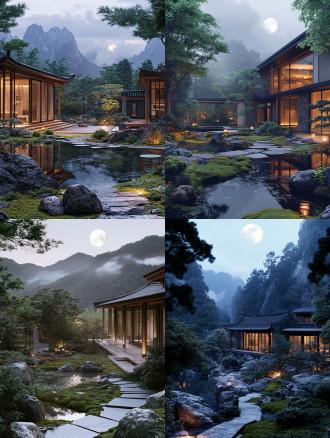 极高山俯瞰现代中式庭院，对角线构图，枯山水、黑松等对比，苔藓绿植，步道穿水池，月光照明，低饱和色，8k超写实。