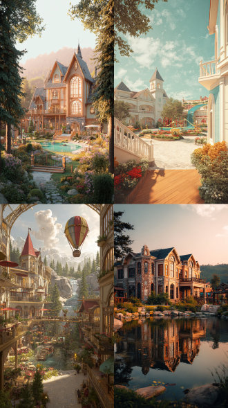 度假庄园宅邸，5000平亲子乐园，现代野奢与装饰艺术融合，三分法构图，全景镜头，暖光，欢快氛围，明亮色彩。