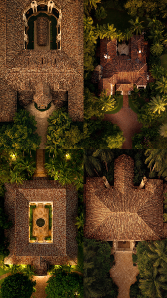 韦斯特西顿庄园宅邸，对称构图，暖棕色调，19世纪中叶风格，椰子园环境，中长焦镜头，顶光，静态，半圆瓦屋顶，牛奶瓶柱。