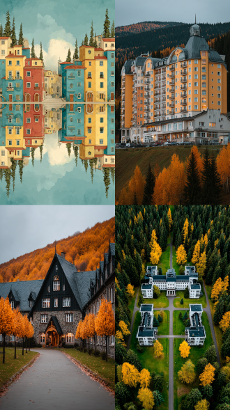 奇幻村庄与度假酒店，对称构图，梦幻风格，森林中，暖黄调，长焦镜头，顶光，静谧氛围，建筑与自然融合，惬意。