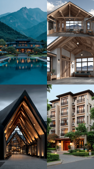 中式现代度假酒店，极简东方美学，对称构图，木质元素，暖黄主调，自然光，全景镜头，宁静氛围。