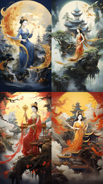 插画，钢笔画，版画，极简主义，双重曝光，by_james_jean。一条蜿蜒的巨大的金色水墨晕染弧线蔓延至整个画面，水墨弧线里叠加大量的中国风山水、大量的亭台楼阁、一个骑马的古代侠客的剪影。画面底部有...