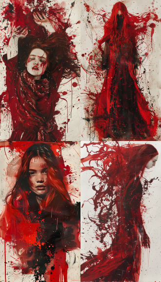 a photo of a girl,red hair,wears a crimson robe,fashion photography,a polaroid photo,transgressive art,fantasy,high contrast,red tone impression,ink strokes,explosions,over exposure,abstract,watercolor painting by john berkey and jeremy manne brush strokes,