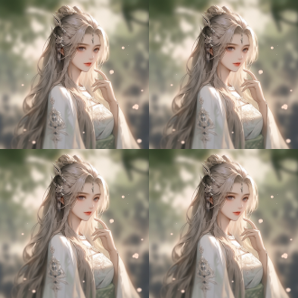 中国少女身穿汉服连衣裙银色长发，全身像远景透视，自然色调，高清画质，细腻纹理，柔和光线，温柔自信，唯美静态。