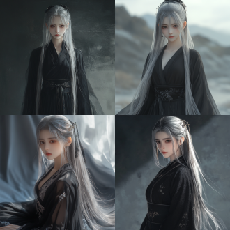 超清渲染中国少女银色长发穿黑色汉服连衣裙全身像，远景透视，自然色调，柔和光线，静态，温柔自信，细腻纹理。