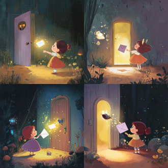 [女孩开门，只有一个淡紫色的信封静静地躺在地上。信封上闪烁着星星点点的光芒，一张会发光的信纸飘了出来],[ 开门,信纸飘起来], [手绘童话风格], [色彩鲜艳/光线从左上角洒下], [细节要求：可爱，ipad手绘，白天，有太阳]