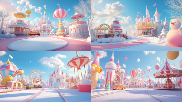 雪景，蛋糕、c4d渲染，主题公园场景，红白配色，有城堡、玩具小火车、蛋糕、旋转木马，雪人，白色地面，梦幻城堡，超级细节，精心设计，