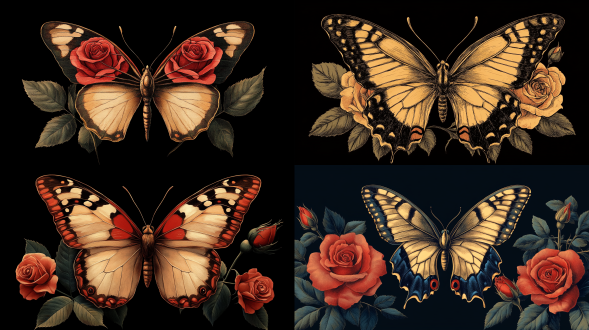 蝴蝶，玫瑰花，复古手绘画风，纯黑色背景，纯色背景，主体和背景轮廓分明