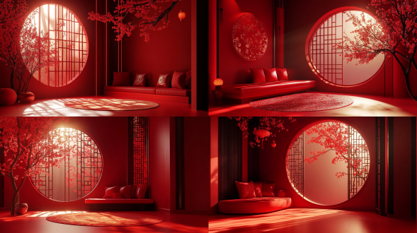 红色空间场景，新年氛围，中国新年元素点缀，c4d渲染，3d建模，简约大气，电商场景图，正视角，暖色调，光影柔和，喜庆。