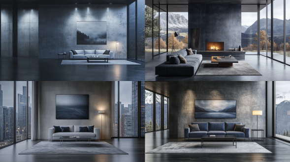 客厅场景，中远景，暗色调，现代简约风格，沙发，整洁干净的茶几，落地灯，地毯，壁画，柔和侧光，低饱和度，广角镜头，静谧，舒适，放松。