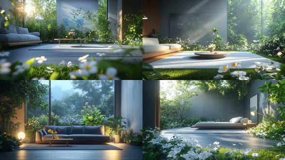 客厅场景结合花草鲜花，中远景，暗色调，现代简约风格，沙发，整洁干净的茶几，落地灯，地毯，壁画，柔和侧光，低饱和度，广角镜头，静谧，舒适，放松。