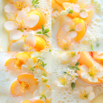 白桃，香草，牛奶、草木，橙花、琥珀，交错叠放，三分法构图，自然风，微距镜头，顶光，色彩鲜艳，清新氛围。