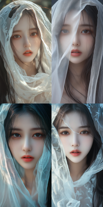 东方美学，亚洲年轻女性，五官清秀，面孔细节丰富，长发，正面，半透明白色薄纱遮脸，真实感，细腻肌肤，柔和光线，自然环境，中焦镜头，高分辨率，淡雅色彩，神秘氛围。