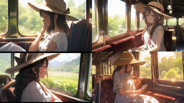 少女靠窗坐日本列车看乡村风景，夏装草帽平静脸，车厢内，丰富细节，暖色调，长焦镜头，侧逆光，宫崎骏风格，宁静。