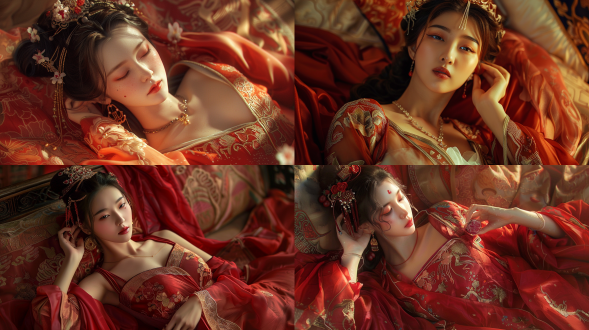 盛唐皇宫古装美女半躺吃荔枝，特写，身披红纱身材高挑，浓妆，丰富细节，暖色调，柔和光，古典风格，悠闲。