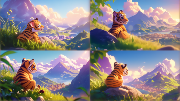 小老虎在山上望向山下城市，城市有建筑，镜头从虎身后拍，3d卡通风格，萌态，全景构图，山林环境，长焦镜头，顶光，宁静，暖色调。