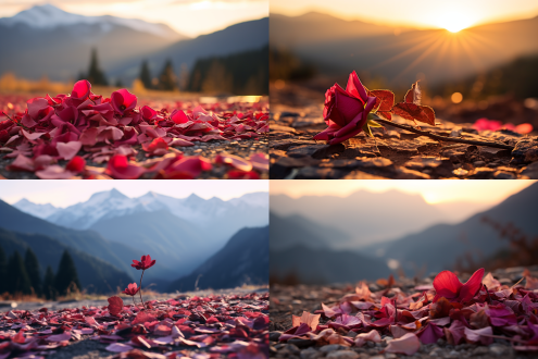 秋意中玫瑰花花瓣飘落，远处山峦昏沉，彩色线条平涂，红色调为主，画面简洁，长焦镜头，浪漫，逆光，静态，远景。