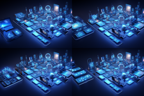 科技感3d蓝色图标展现数据系统，对称构图，科技风环境，冷色调，微距镜头，顶光，立体，抽象，科幻氛围。