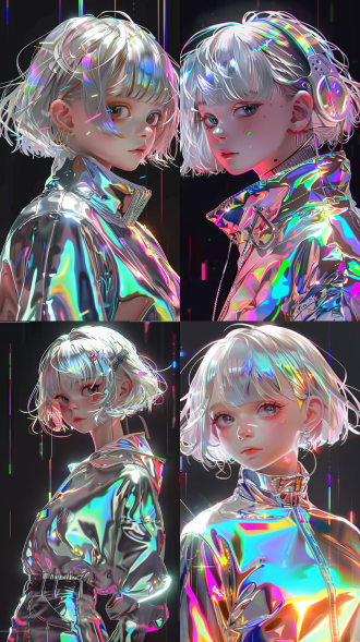 3d女生正面全身像，镭射风科技感服饰，赛博朋克风格，高分辨率，鲜艳，景深，上半身特写，最佳画质，壁纸质感。