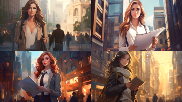 女孩手拿简历站在城市街头，中心构图，插画风格，冷色调，标准镜头，正面光，自信表情，职场元素，平静。