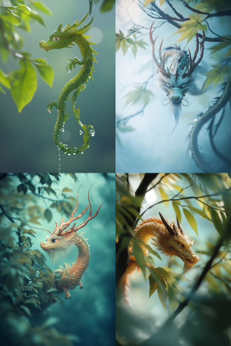 中华五爪小龙，角似鹿、头似驼、眼似兔、项似蛇、腹似蜃、鳞似鱼、爪似鹰、掌似虎、耳似牛，小龙挂露水，嫩绿树叶旁，晨雾朦胧，蓝天白云隐现，意境深远，自然光，长焦镜头，自然色彩，细节丰富，高清画质，宁静，清新。