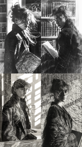女生穿英伦风大衣戴眼镜长发手拿书在图书馆，阳光暖色调，中长焦镜头柔和光下阅读，版画风格黑白细密线条简洁画面，宁静。