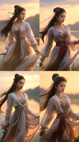 一位中国古风美女，长发马尾飘飘，修长腿，小麦色肌肤，五官精致立体，优雅而高贵，在落日余晖的湖边仗剑伫立，着薄纱外套，丝质裙，优雅神秘，美女身边有一只可爱的小白狐，温暖而平和的氛围，光影，8k，最佳质量，超细节，中国风，高质量，电影光效