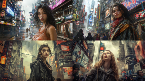 年轻女子漫步在繁华的城市街道上，这张令人惊叹的超写实照片。场景捕捉到都市的充满活力和破旧的氛围，女子成为焦点。她以令人难以置信的细节和真实感呈现，面部、服饰和表情都以摄影般的精确度呈现。背景是高耸入云的摩天大楼、霓虹灯和行人穿梭，营造出运动和活力感，与女子静止的姿态形成对比。灯光自然而戏剧化，投射出阴影和亮点，突出女子脸部和身体的质感和轮廓。整体效果是一张引人入胜、沉浸式的图像，将观众带入城市的中心，女子成为中心、迷人的形象。