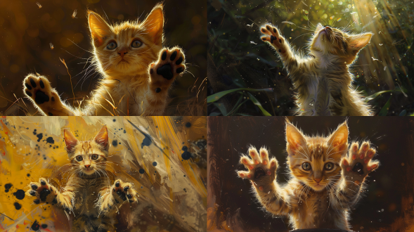 一只著名的宠物画家，污黄的小猫在晚上阳光下，手指间映照着黑色的光斑，伸展着不断变换的五袖，其动态构图反映了它对周围环境的超现实感，画面上有着流动的光线和色彩搭配。