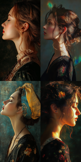 一位美丽的女性，侧面拍摄，采用马克·夏加尔的风格（细致入微的杰作，最佳质量），使用三星galaxy，伦勃朗式照明。