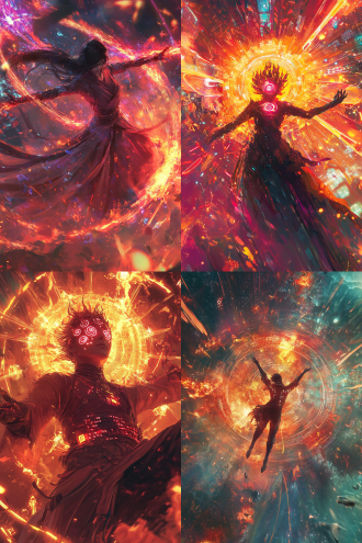 全身哪吒觉醒，低角度仰拍，二进制符纹瞳孔爆闪，混天绫化数据链反攻，环绕特写莲花火、风火轮，赛博风，冷光，激战，高饱和色。