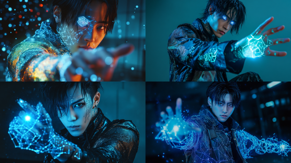 [full-body] 25-year-old asian male with gradient black hair transitioning to electric blue ends, biomechanical left eye with hexagonal iris scanning grid, graphene trench coat with self-repairing nanofibers reacting to emotional states, forearm tattoos depicting pulsar star maps that glow when touching data streams, wrist-mounted quantum entanglement communicator projecting holographic interfaces, combat boots with gravity-defying light trails