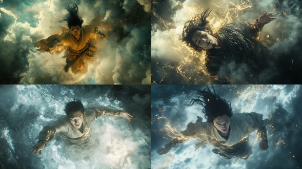 35mm电影胶片质感，亚洲男性悬浮于电离层风暴中，面部棱角如刀刻，黑色短发夹杂银丝，皮肤布满金色能量纹路，破旧僧袍与机械臂甲交融，动态光影穿透乌云，超广角仰拍，by denis villeneuve