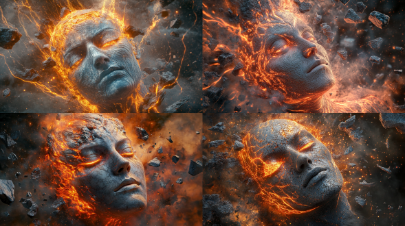 高速摄影+动态模糊，能量体人形包裹熔岩纹路，面部如流动的火山岩，瞳孔喷射等离子流，背景为坍塌的量子佛塔，碎片悬浮构成曼陀罗阵，by guillermo del toro