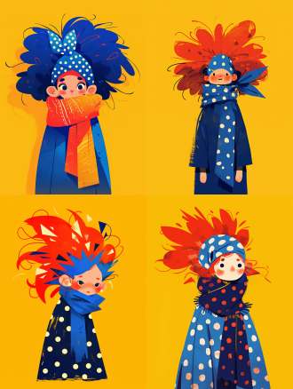 cartoon character with bright red exaggerated spiky hair, wearing a cobalt-blue headscarf with white polka dots, full-body blue outfit, centered on solid bright yellow background, flat vector illustration, bold outlines, pop art style, vibrant color contrast, playful and quirky, 2d rendering, sharp edges, 4k